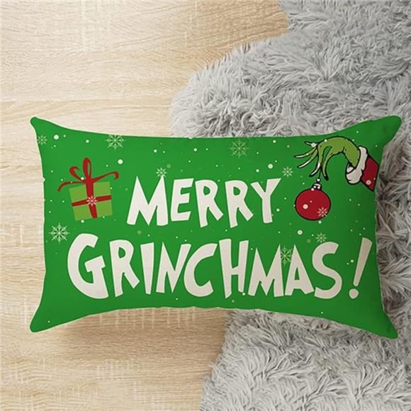 Green Christmas Decor Pillow Cover Christmas Cushion Cover Linen 12 x 20 Inches - Picture 3 of 6
